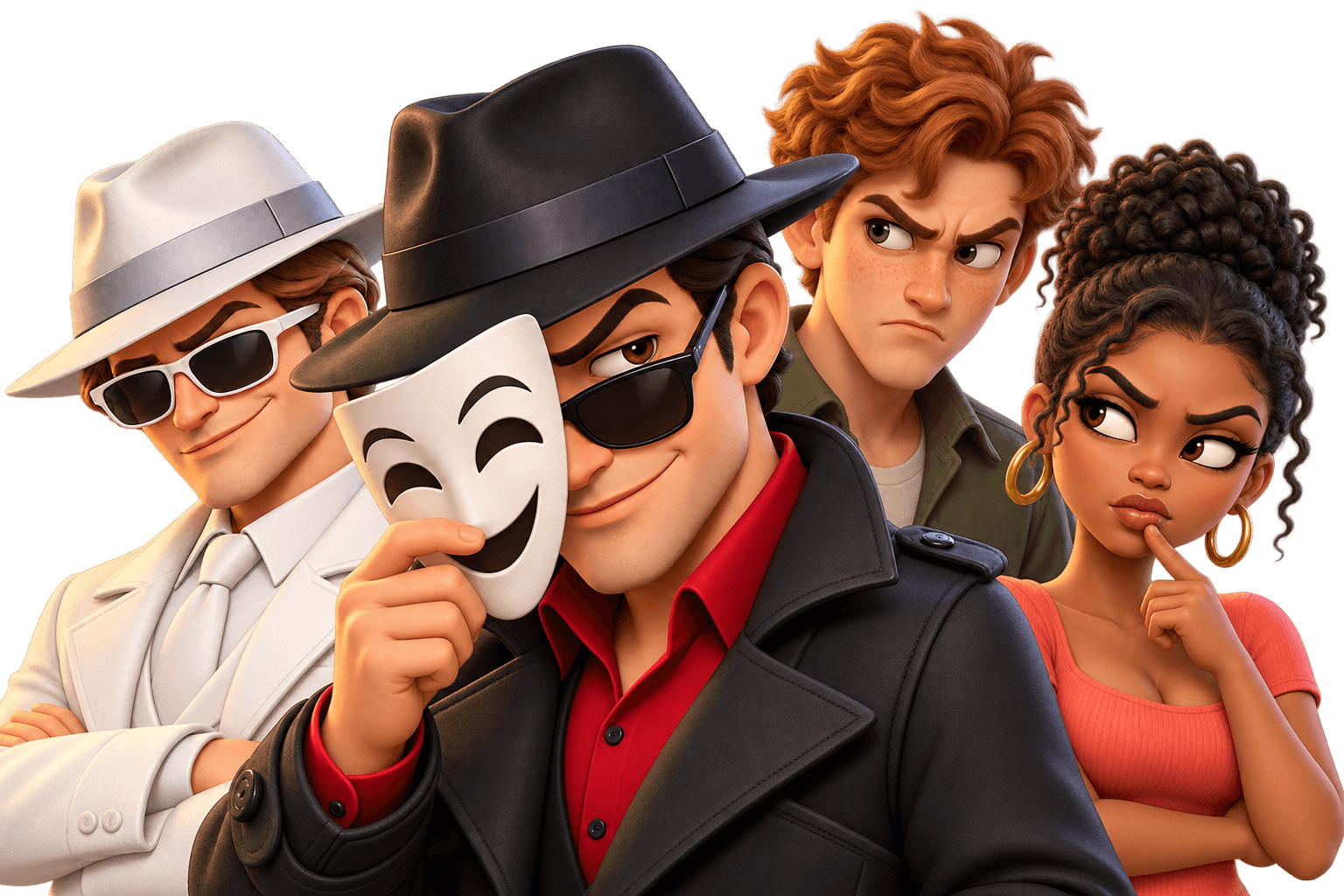 Four Impostor characters eyeing each other suspiciously, one holding a smiling mask